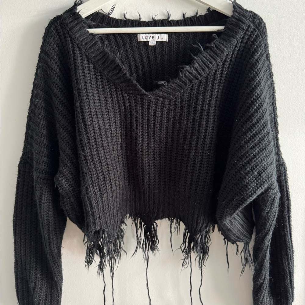 Love J Distressed Black V-Neck Sweater